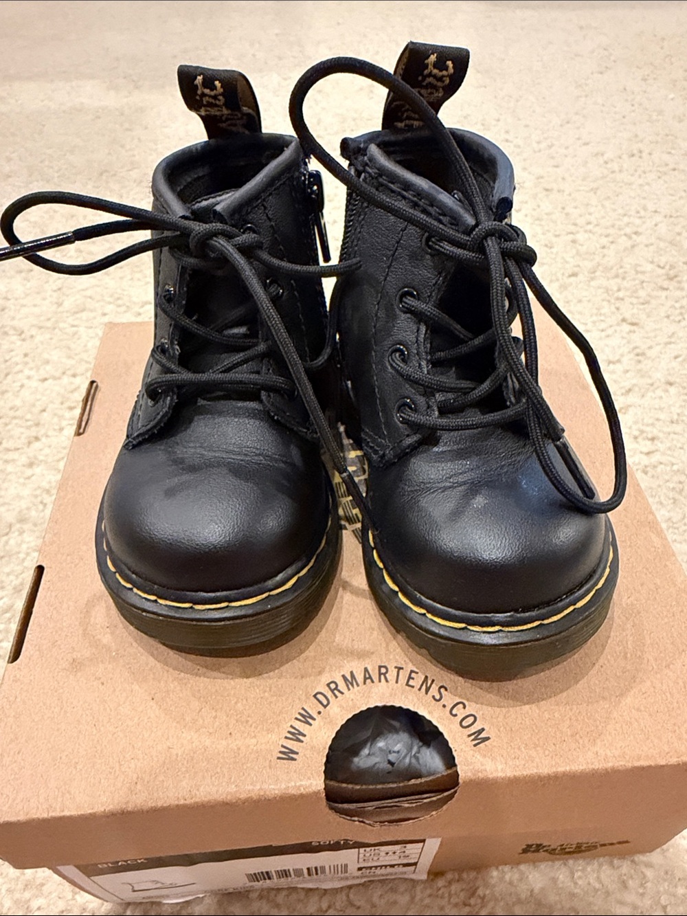 Dr. Martens Kids Black Leather Lace-Up Boots with Yellow Stitching
